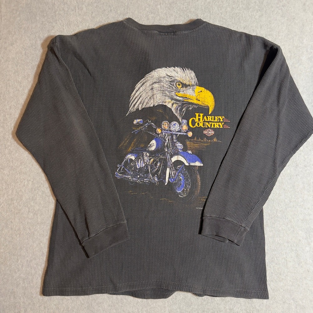 Vintage Harley-Davidson Henley Shirt Mens XL Gray Waffle Thermal Eagle Graphic